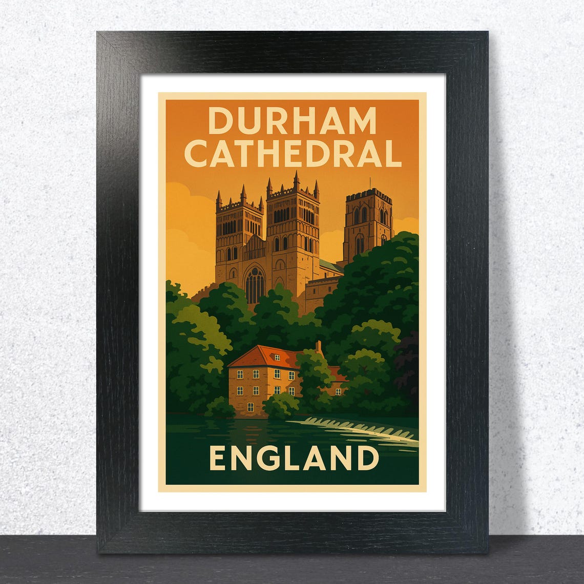 Durham Cathedral England Vintage Sunset Over the River Travel Poster