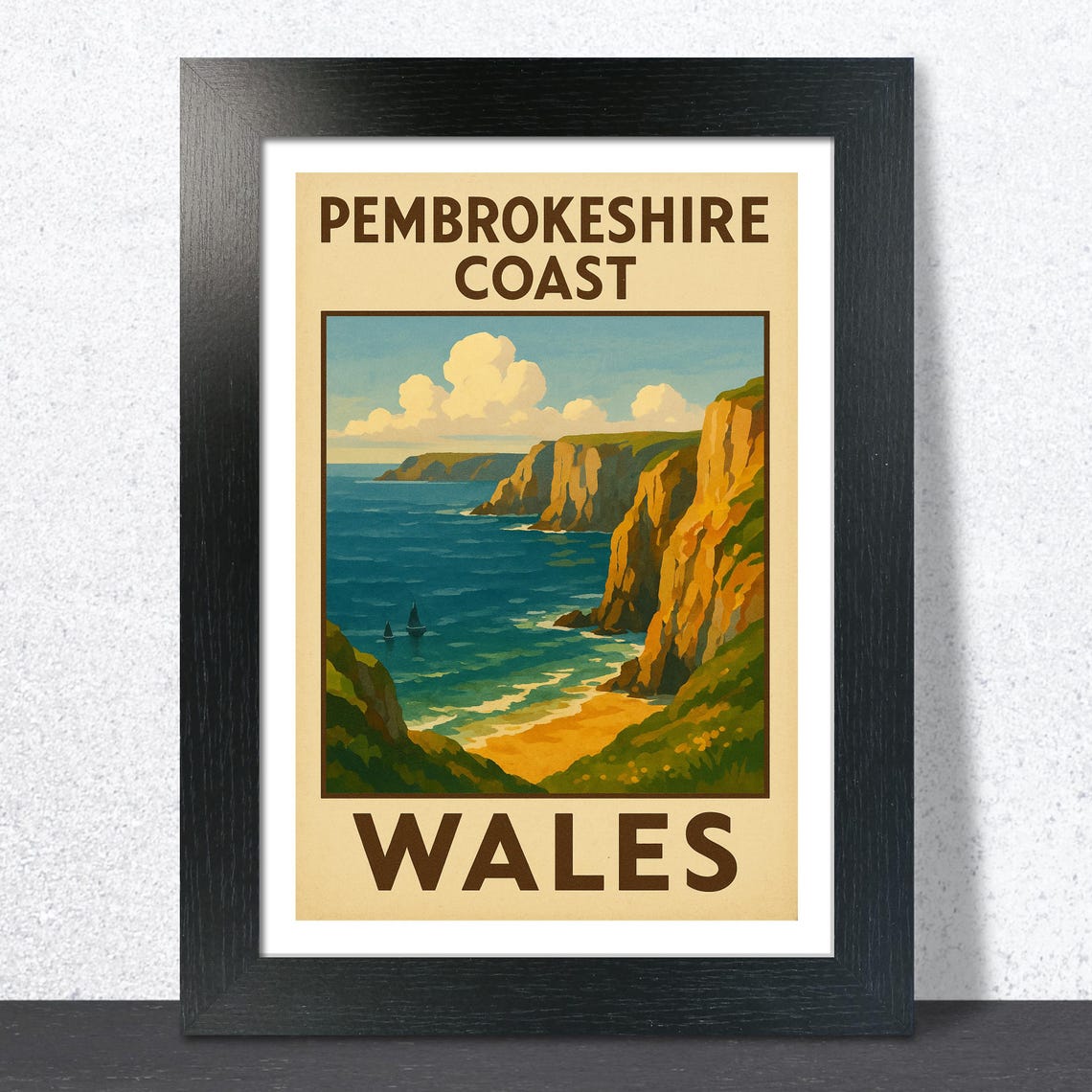 Pembrokeshire Coast Wales Golden Cliffs Vintage Travel Wall Poster