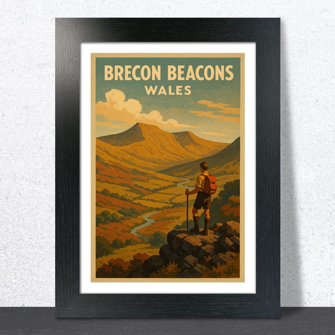 Brecon Beacons Hiker Overlooking Autumn Valley Wales Travel Poster Art