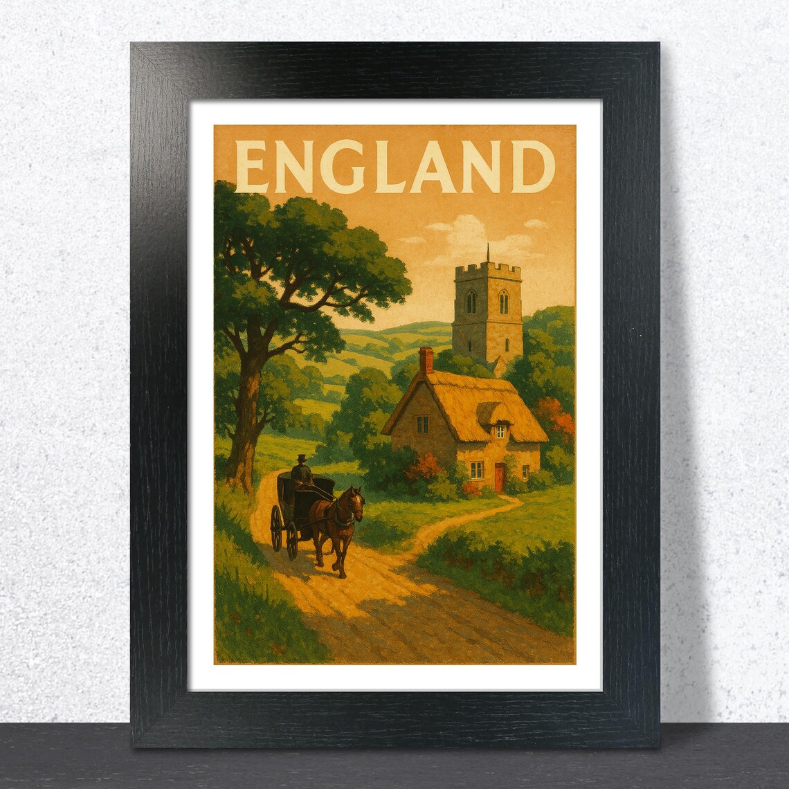 England Vintage Thatched Cottage Horse Carriage Travel Poster