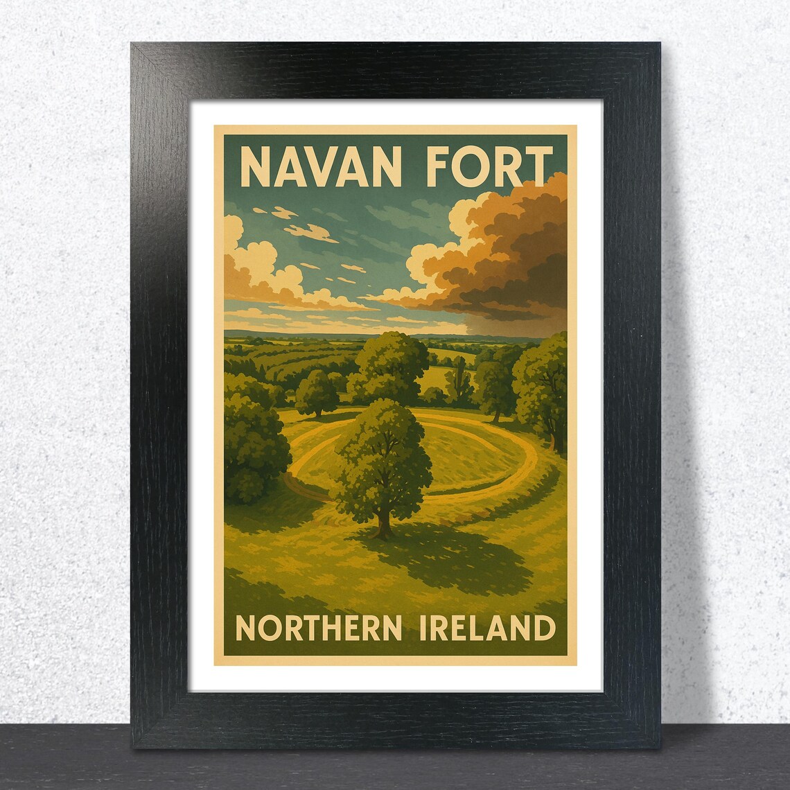 Navan Fort Northern Ireland Vintage Travel Poster Green Rolling Hills