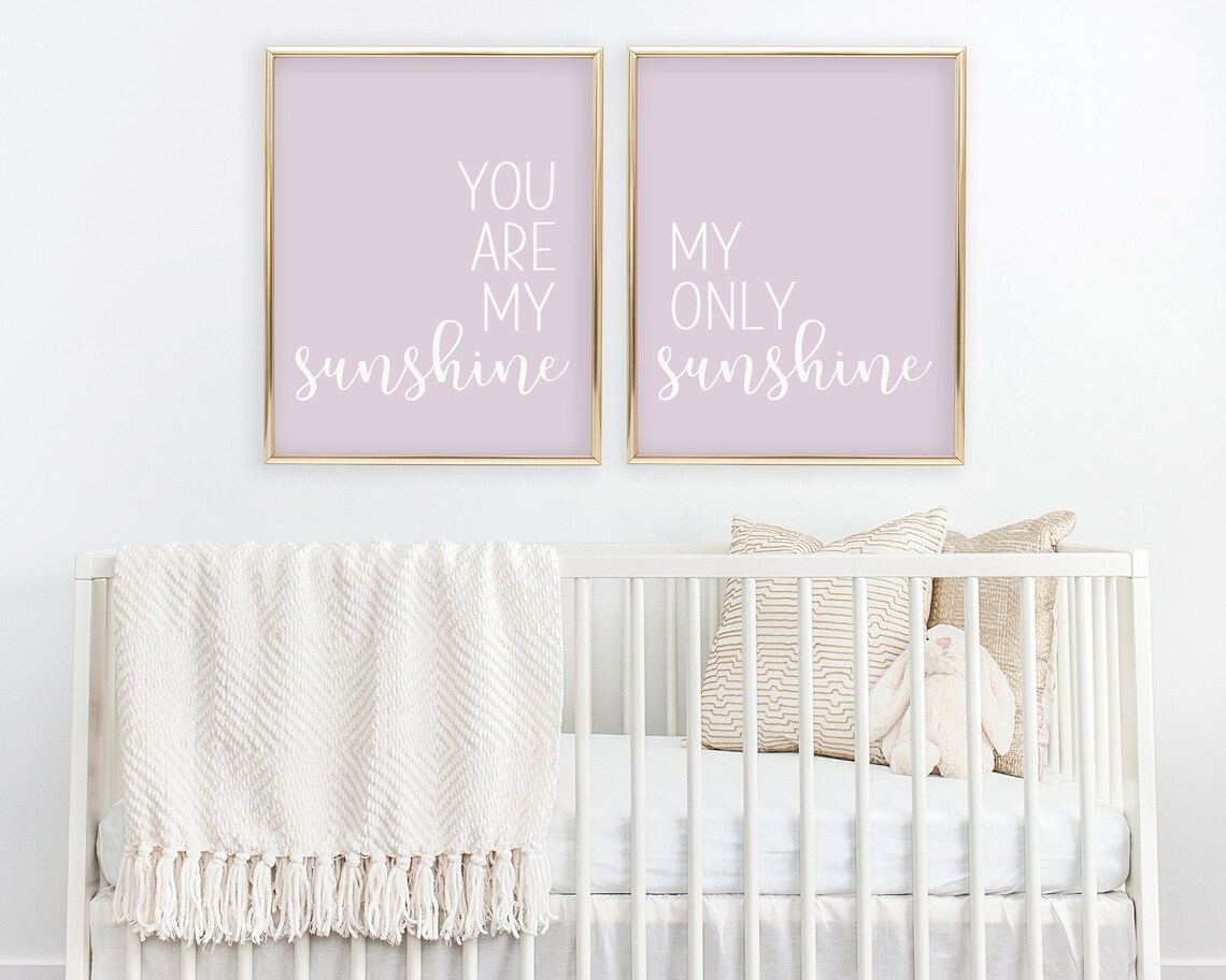 Lilac You Are My Sunshine Set of 2 Boho Nursery Quote Wall Art Prints - Image 3