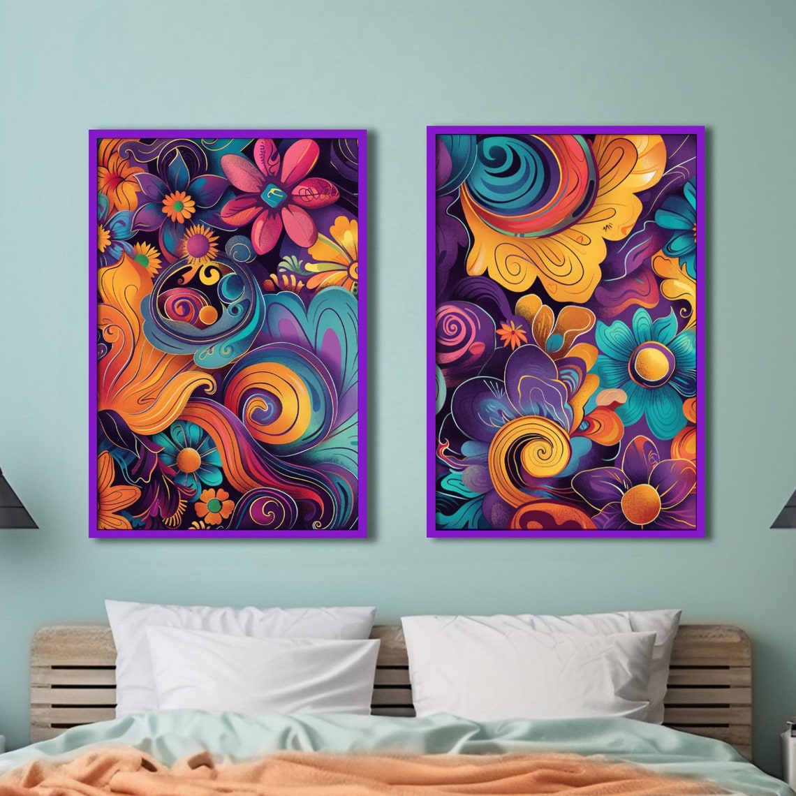 Abstract Retro Bold Floral Print Multi Color Cheerful Wall Art Bright Yellow Purple Teal And Orange Floral Poster Colorful Floral Art