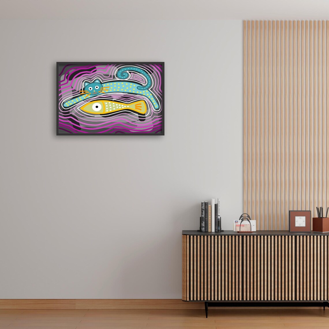 Cat And Fish Art, Whimsical Animal Art Print - Image 4