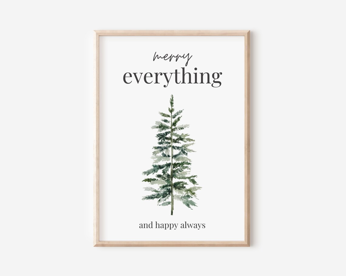 Merry Everything and Happy Always Watercolor Pine Tree Holiday Wall Art
