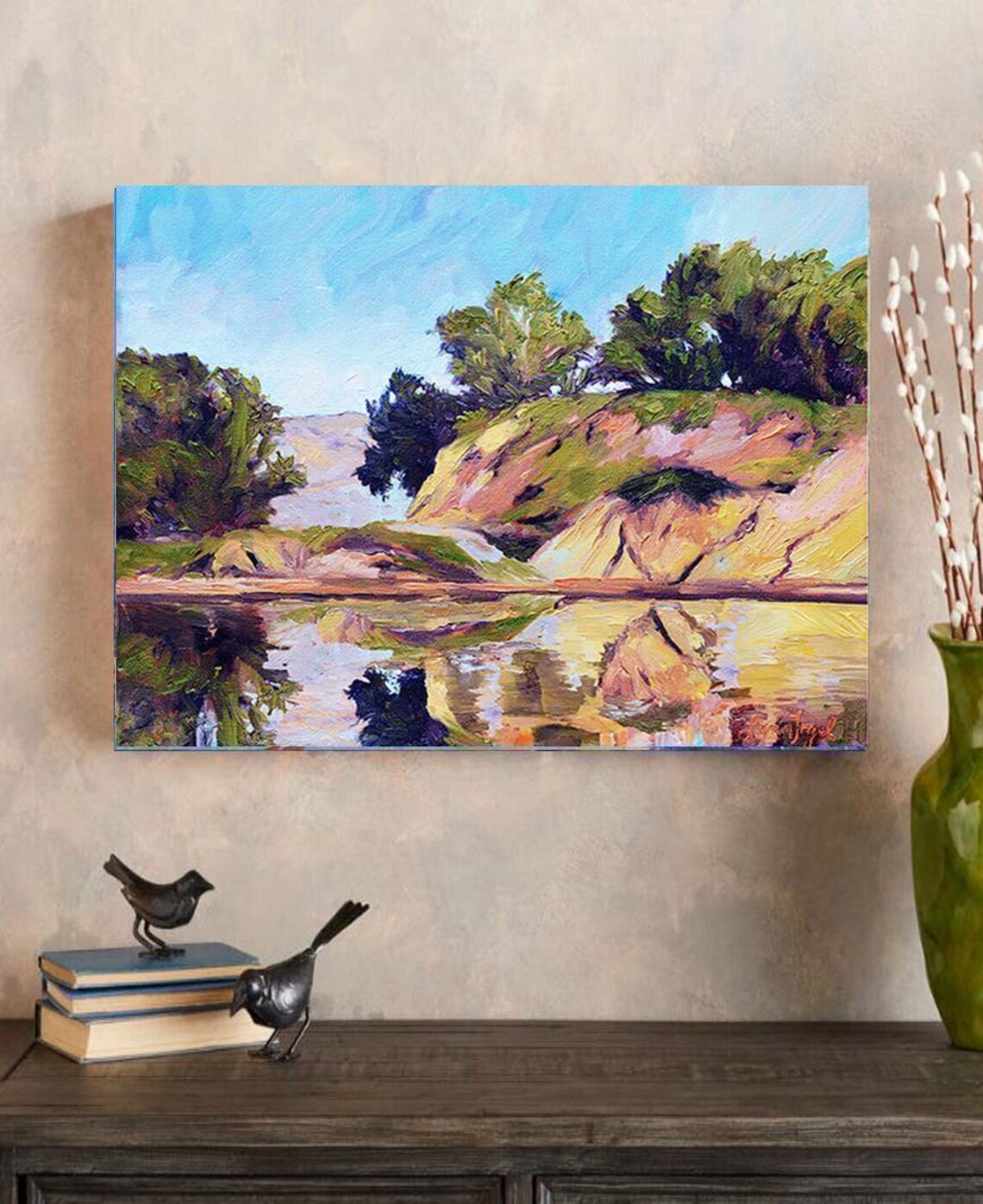 Goleta Beach Slough Golden Cliffs Water Reflection Painting Poster - Image 3