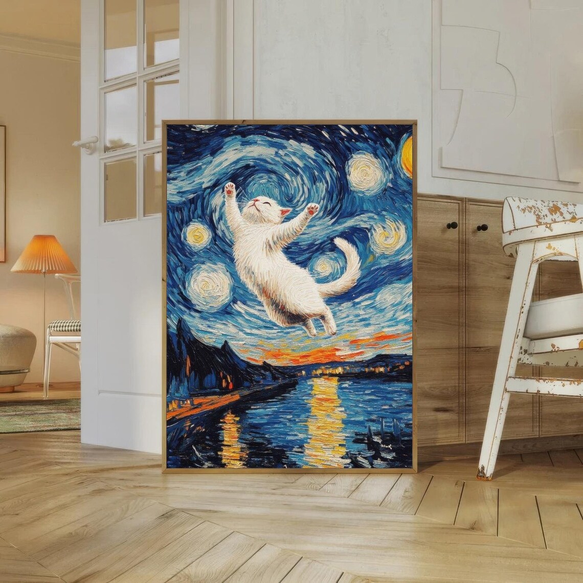 Joyful White Cat Leaping Joyfully Under a Starry Night Poster - Image 2