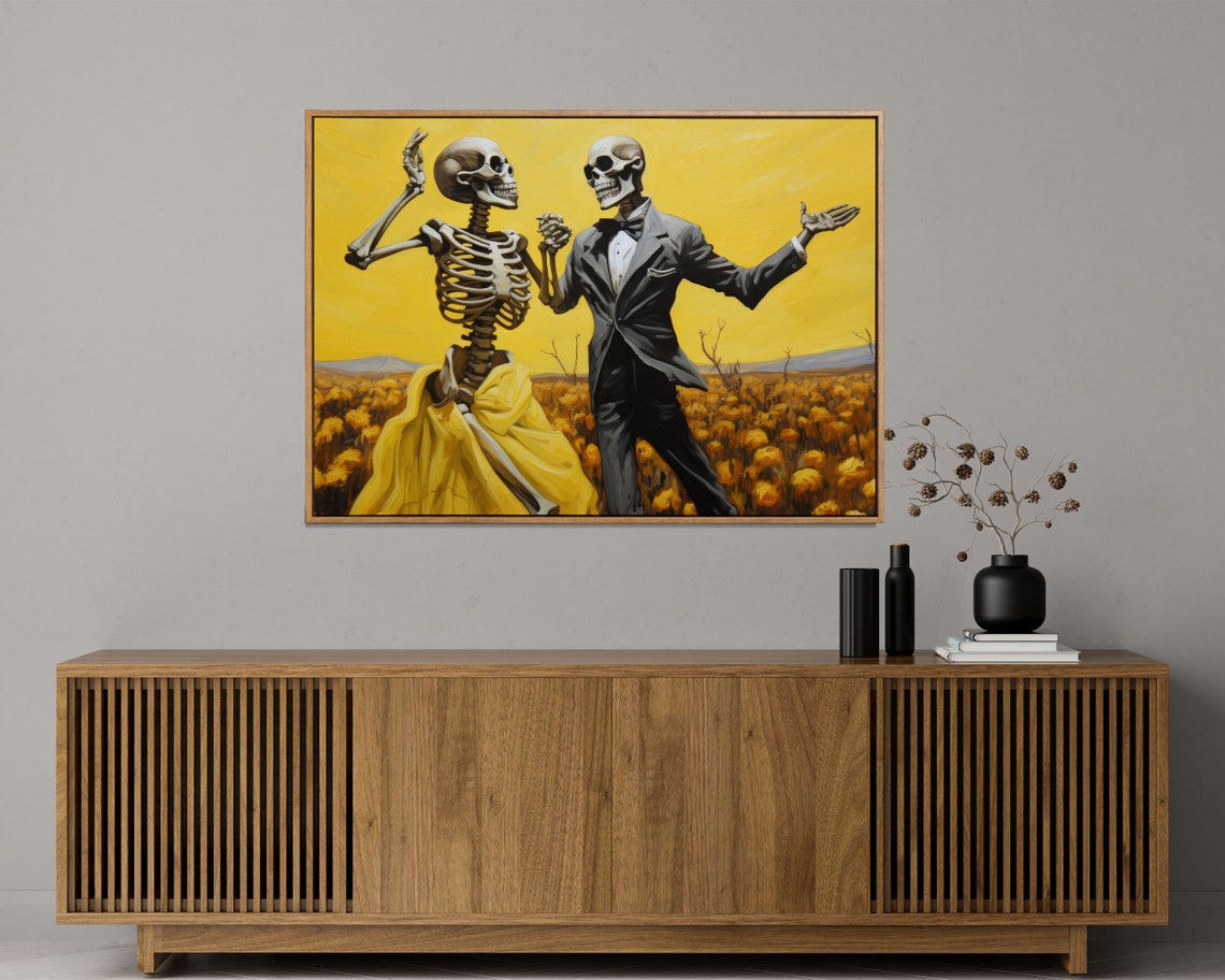 Dancing Skeleton Couple In A Golden Field Fun Halloween Art Print - Image 3