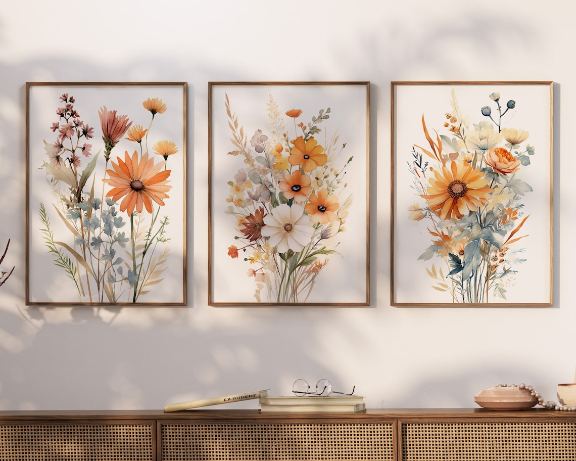 Wildflower Watercolor Set of 3 Neutral Botanical Gallery Wall Art