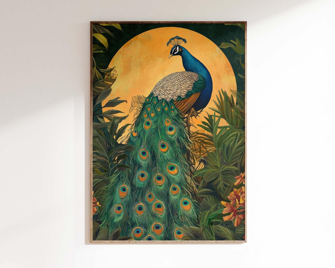 Green Peacock Indian Folk Art Print, Mughal Style - Image 3