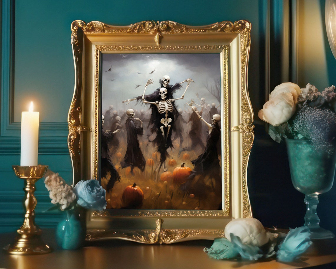 Dancing Skeletons In A Pumpkin Patch At Dusk Painting Poster - Image 3