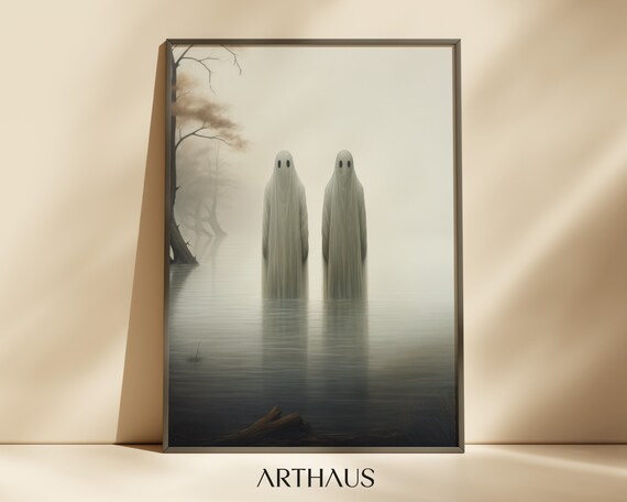 Two Pale Ghosts Standing In Quiet Misty Still Water Fog Poster
