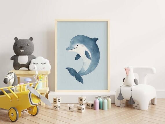 Cute Blue Dolphin Nursery Watercolor Boho Kids Ocean Animal Poster