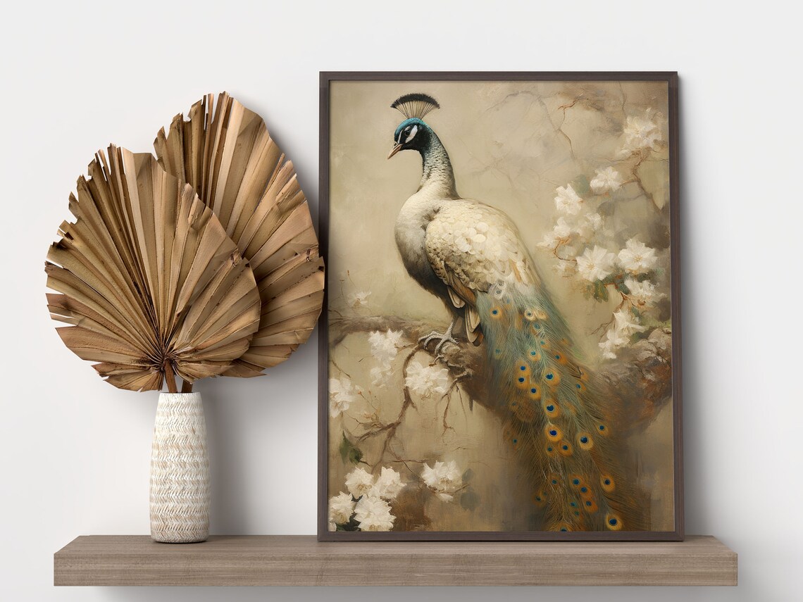 Vintage White Peacock on Blossom Branch Antique Style Art Print - Image 2