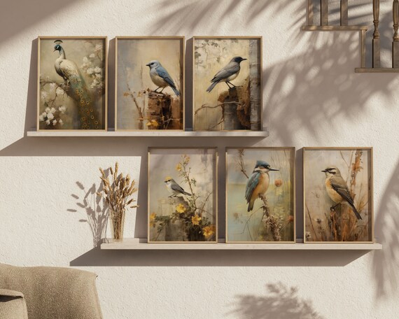 Set of Six Vintage Bird Oil Paintings Rustic Farmhouse Wall Art