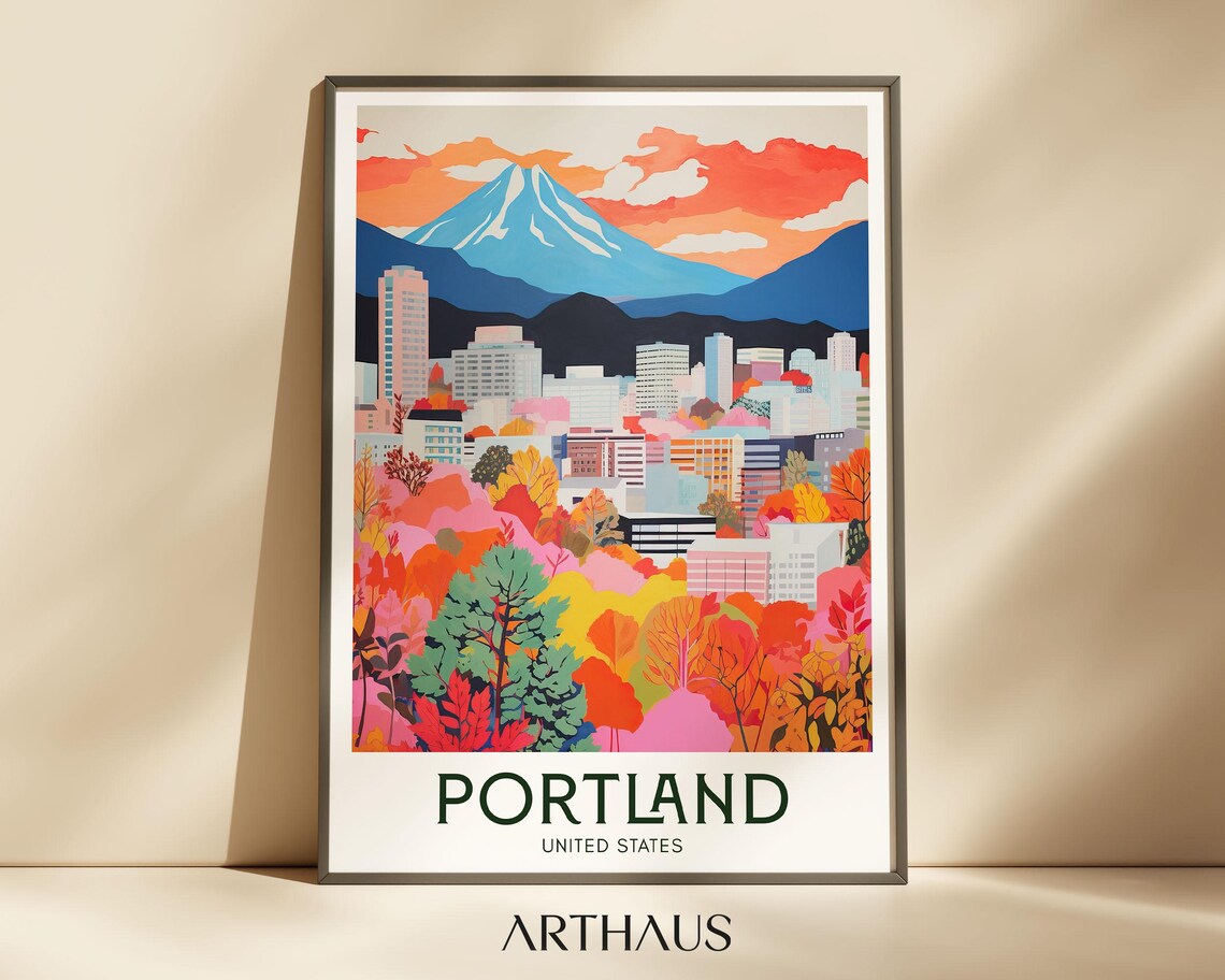 Portland United States Snow Mountain Autumn Trees Travel Poster