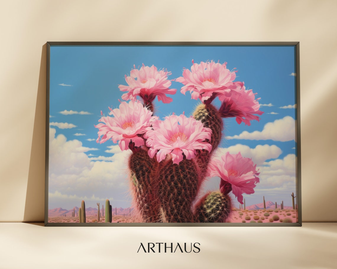 Pink Blooming Cactus Flower Desert Landscape Vintage Art Print