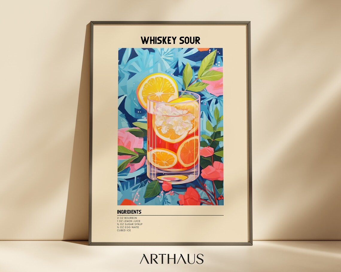 Whiskey Sour Cocktail Recipe Colorful Tropical Bar Art Print