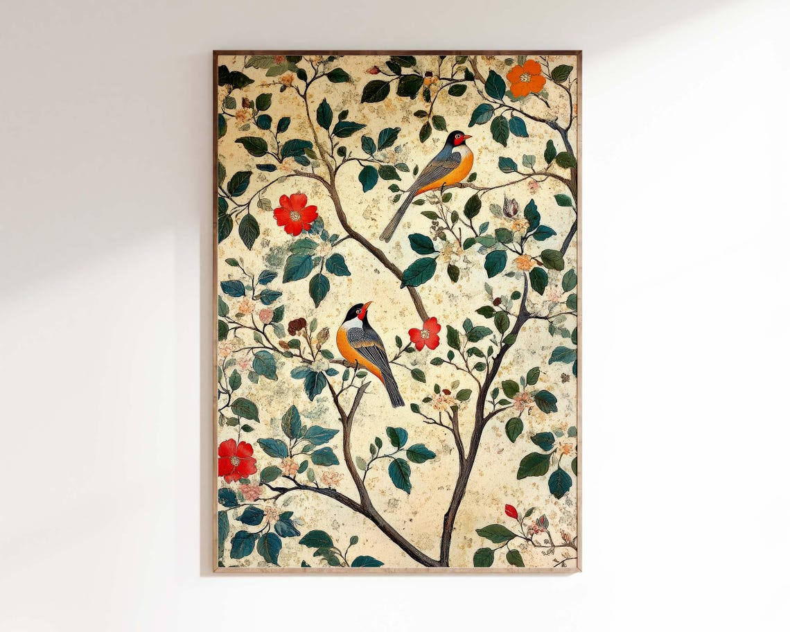 Traditional Indian Folk Wall Art Floral Landscape Painting Living Room Decor Antique Indian Art Botanical Indian Painting Poster - Image 3