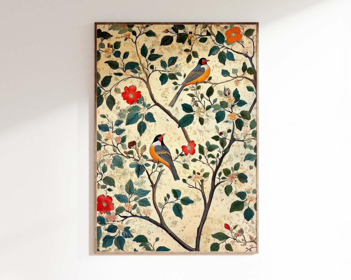 Two Songbirds on Blossom Branches Vintage Asian Botanical Poster - Image 3