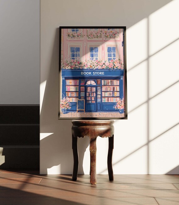 Vintage Book Store Antique Library Storefront Charming Blue Pink Poster Art