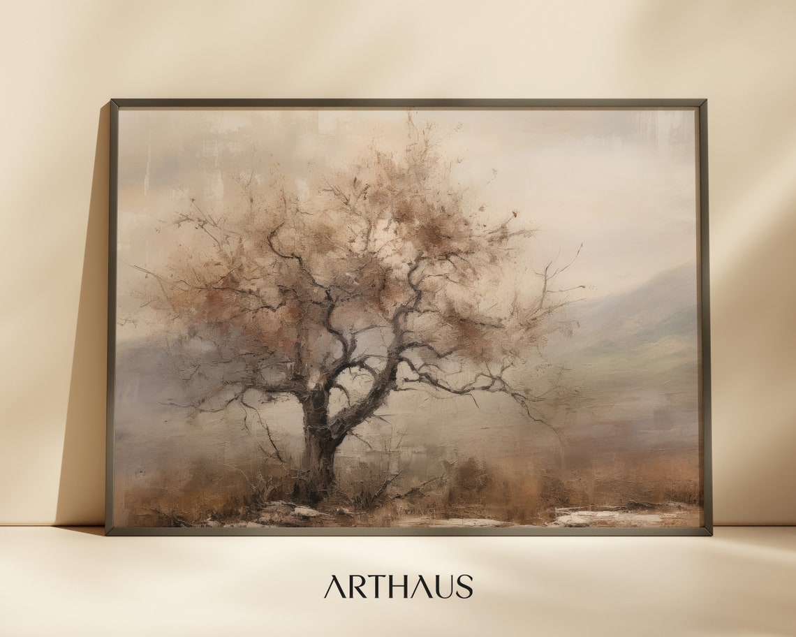 Lone Autumn Tree Misty Bare Branches Rustic Moody Fall Art Poster