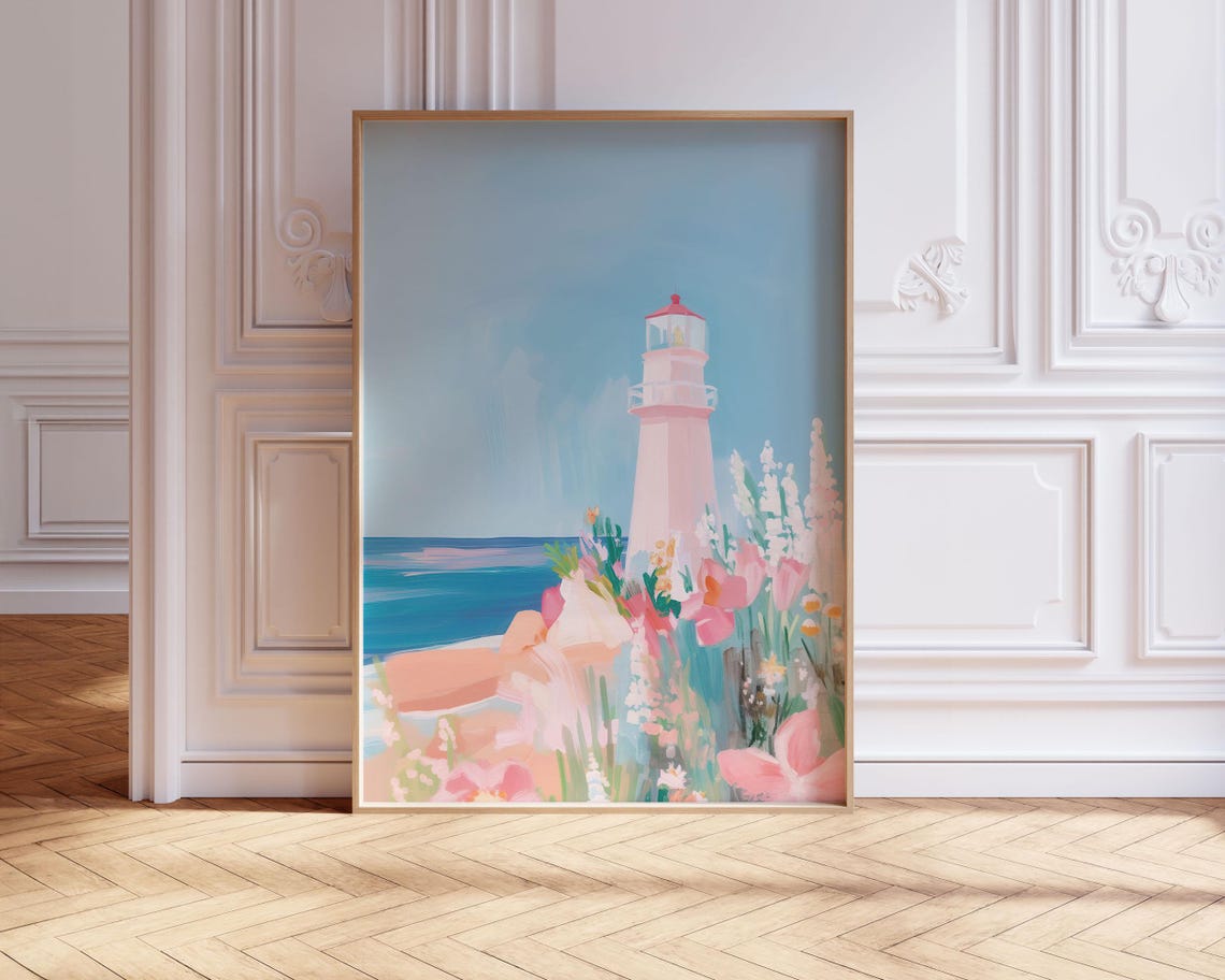Pastel Pink Lighthouse Coastal Wildflowers Beach Painting Poster