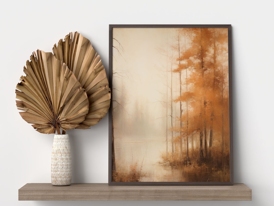 Muted Autumn Forest Beside A Misty Calm Lake Oil Painting Poster - Image 3