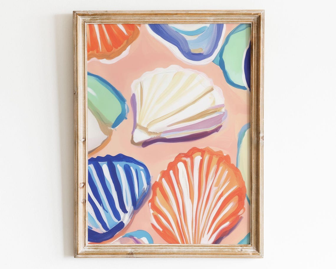 Maximalist Colorful Seashells Peach Coastal Scallop Shell Art Poster