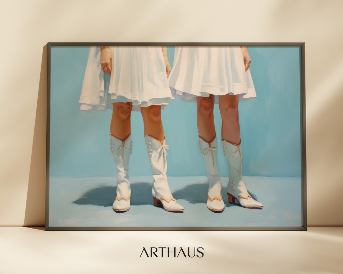 Two Women in White Dresses and Cowboy Boots Modern Painting Poster