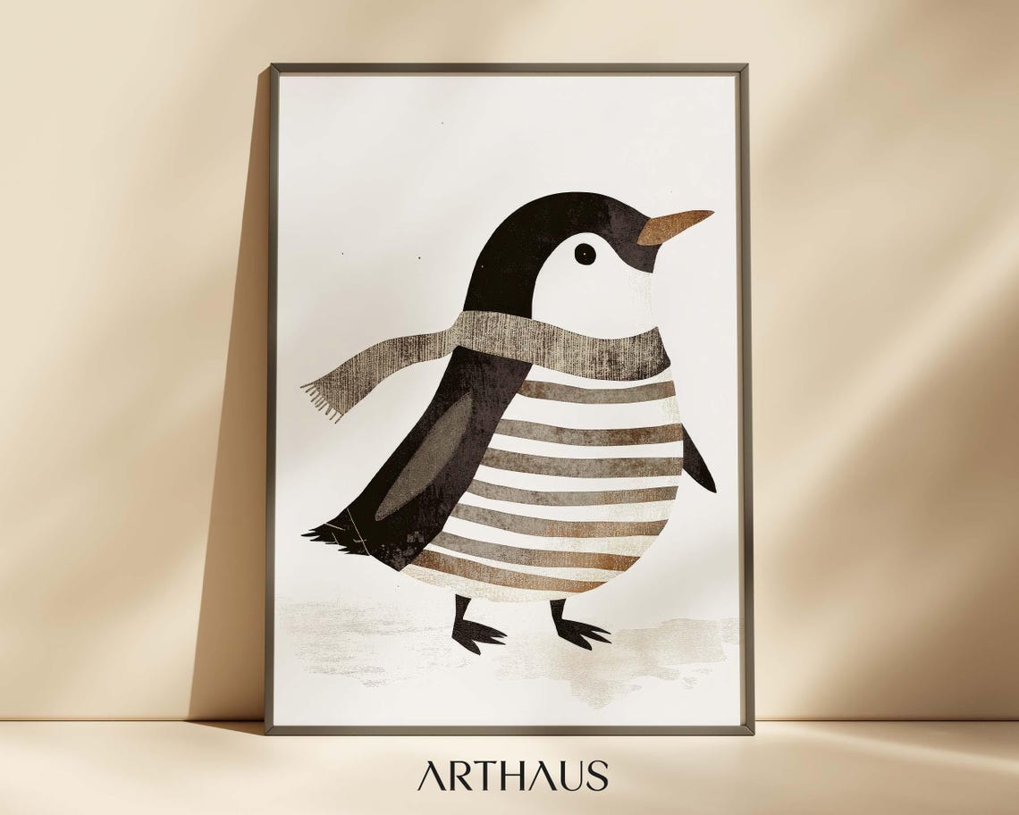 Penguin Wearing Striped Sweater and Scarf Cute Nursery Wall Art