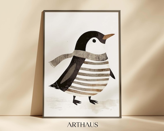 Penguin Wearing Striped Sweater and Scarf Cute Nursery Wall Art