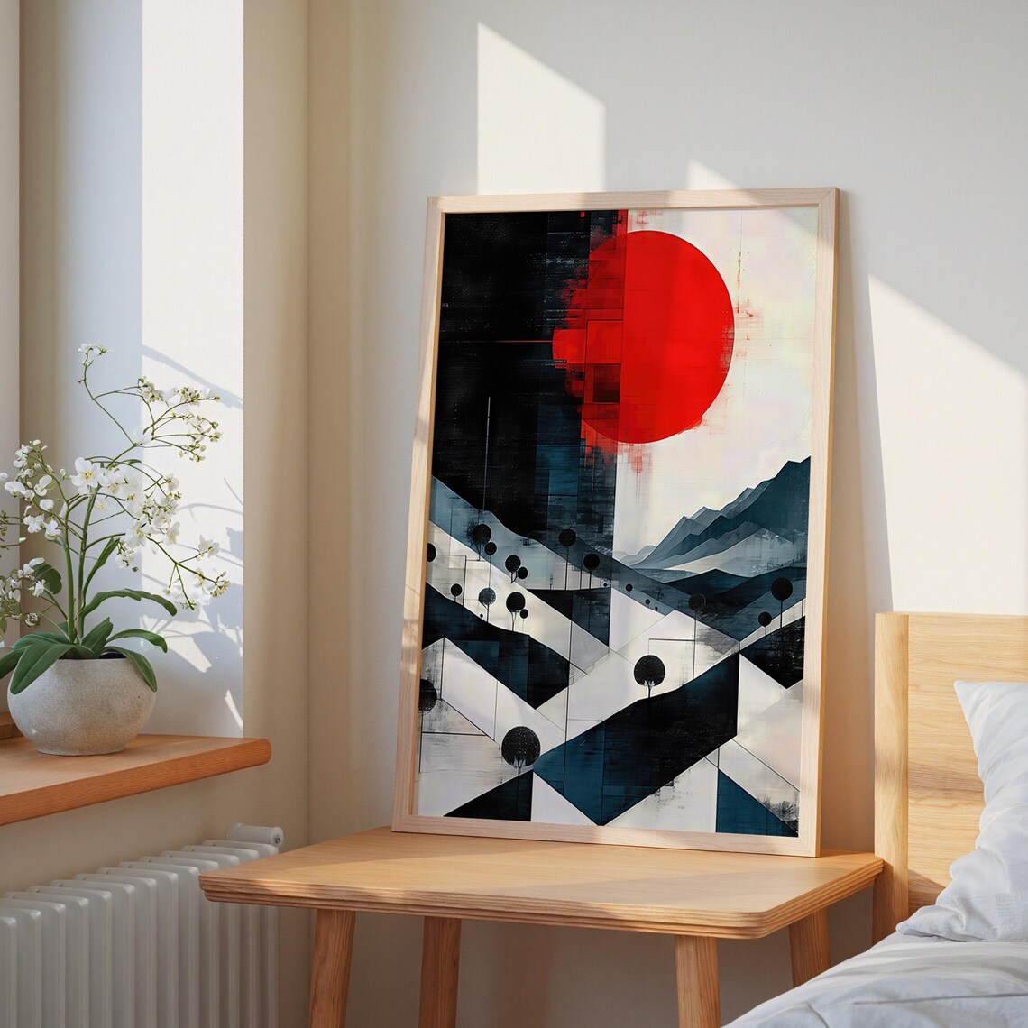 Modern Abstract Red Sun Geometric Landscape Art Print