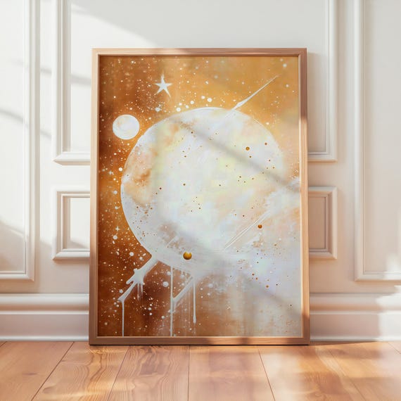 Abstract Cosmic Wall Art Golden Planet With Stars And Light Modern Celestial Space Print For Living Room Bedroom Office Contemporary Decor