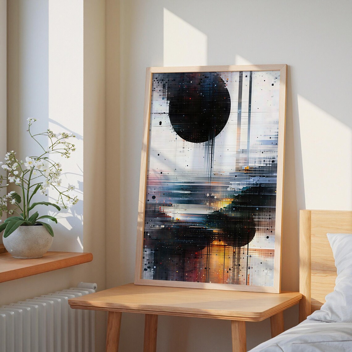 Black Moon Abstract Glitch Lines Modern Monochrome Orange Framed Wall Art