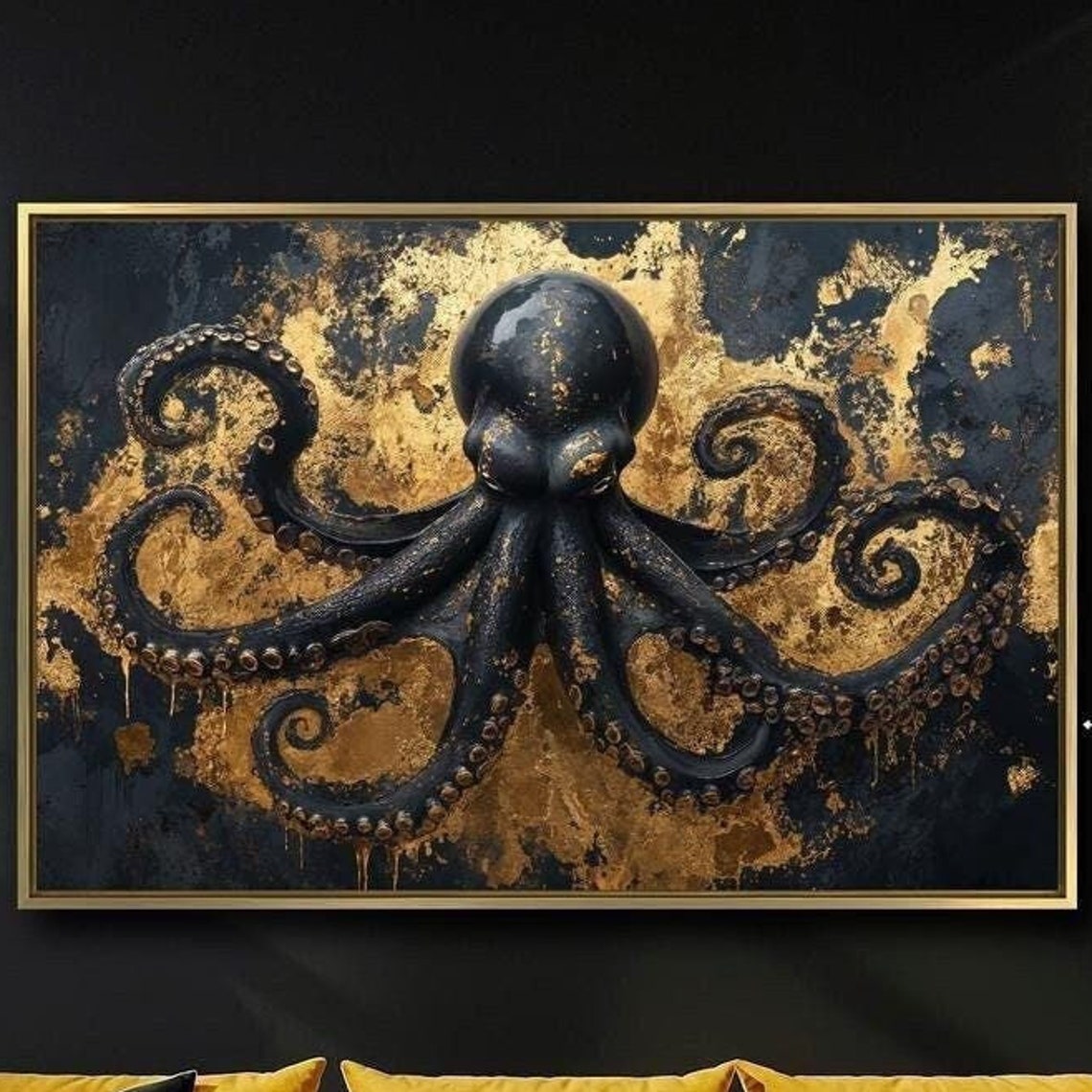 Dramatic Black Octopus Gold Leaf Underwater Gothic Luxury Art Print