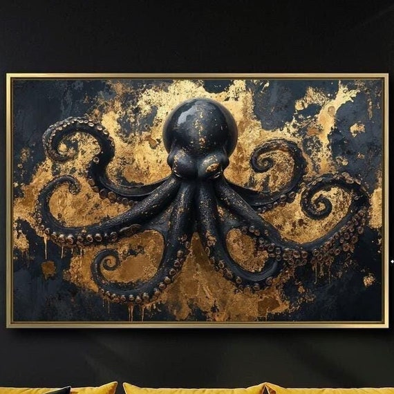 Black Octopus Framed Print Underwater Animal Wall Art Abstract Golden Painting Print Gothic Luxury Wall Decor Ready To Hang