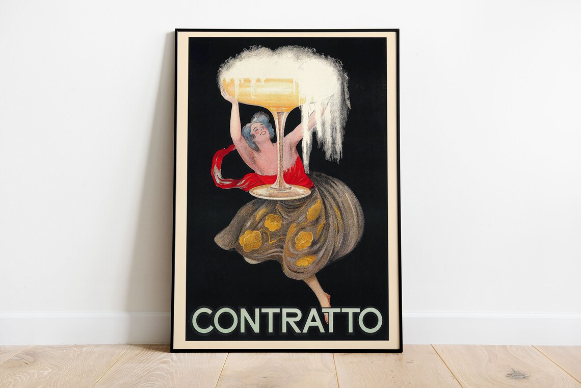 Contratto Champagne Woman Vintage Italian Black Gold Style Poster