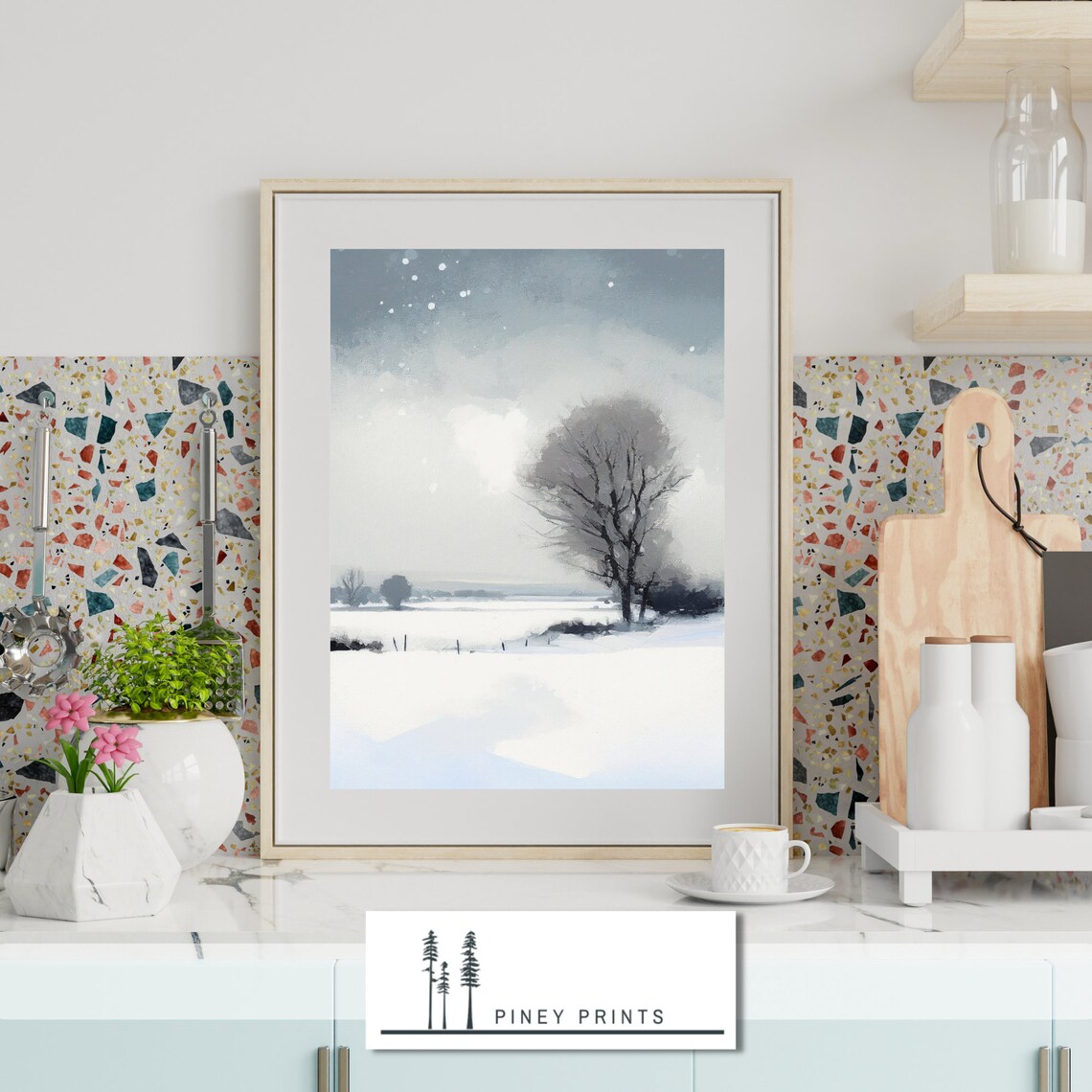 Snowy Prairie Winter Landscape Painting Lone Tree Falling Snow Poster - Image 3