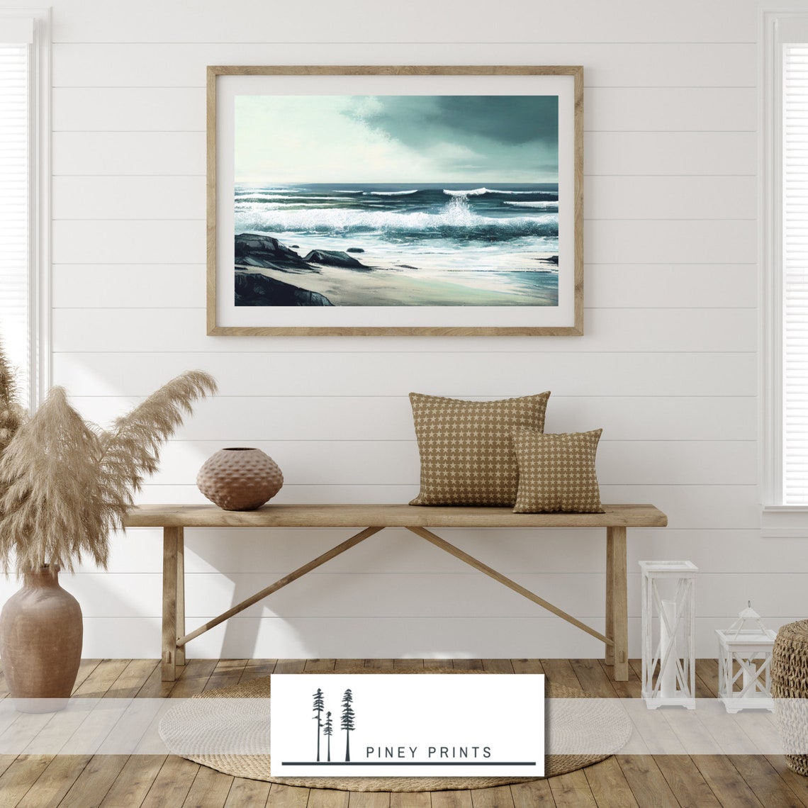 Teal Ocean Waves Rocky Beach Seascape Painting Coastal Poster - Image 3