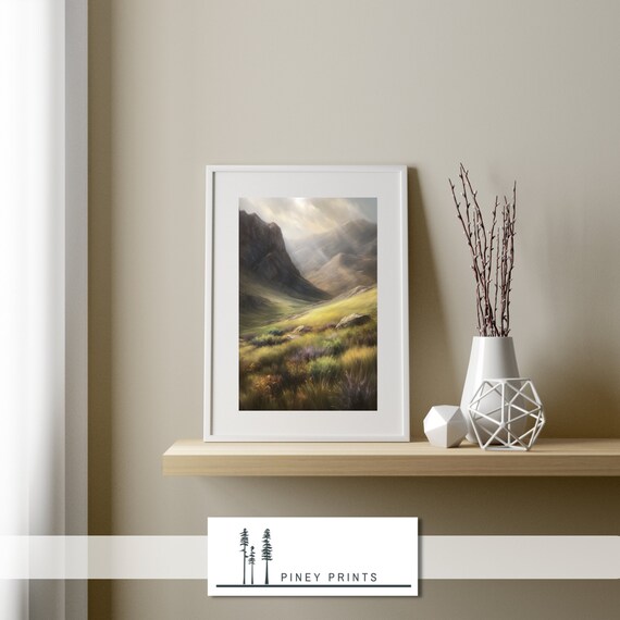 Mountain Valley Landscape Painting Wall Art For Home Nature Decor Scottish Highlands Meadow Outdoor Scenery