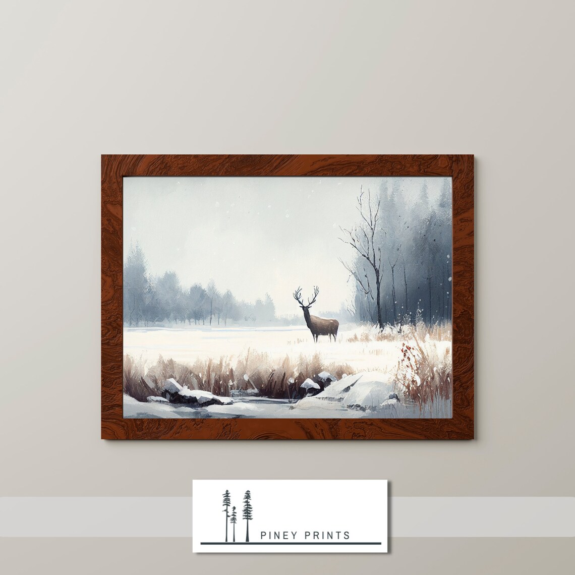 Deer in Snowy Meadow Winter Wildlife Landscape Impressionist Painting Poster - Image 3