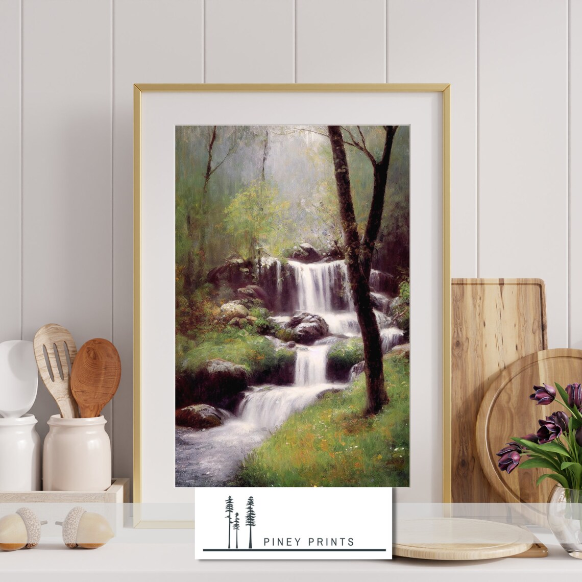 Spring Forest Waterfall Landscape, Impressionist Painting - Image 4