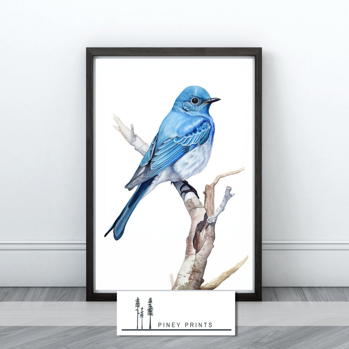 Mountain Bluebird Watercolor Perched Branch Spring Bird Art Poster
