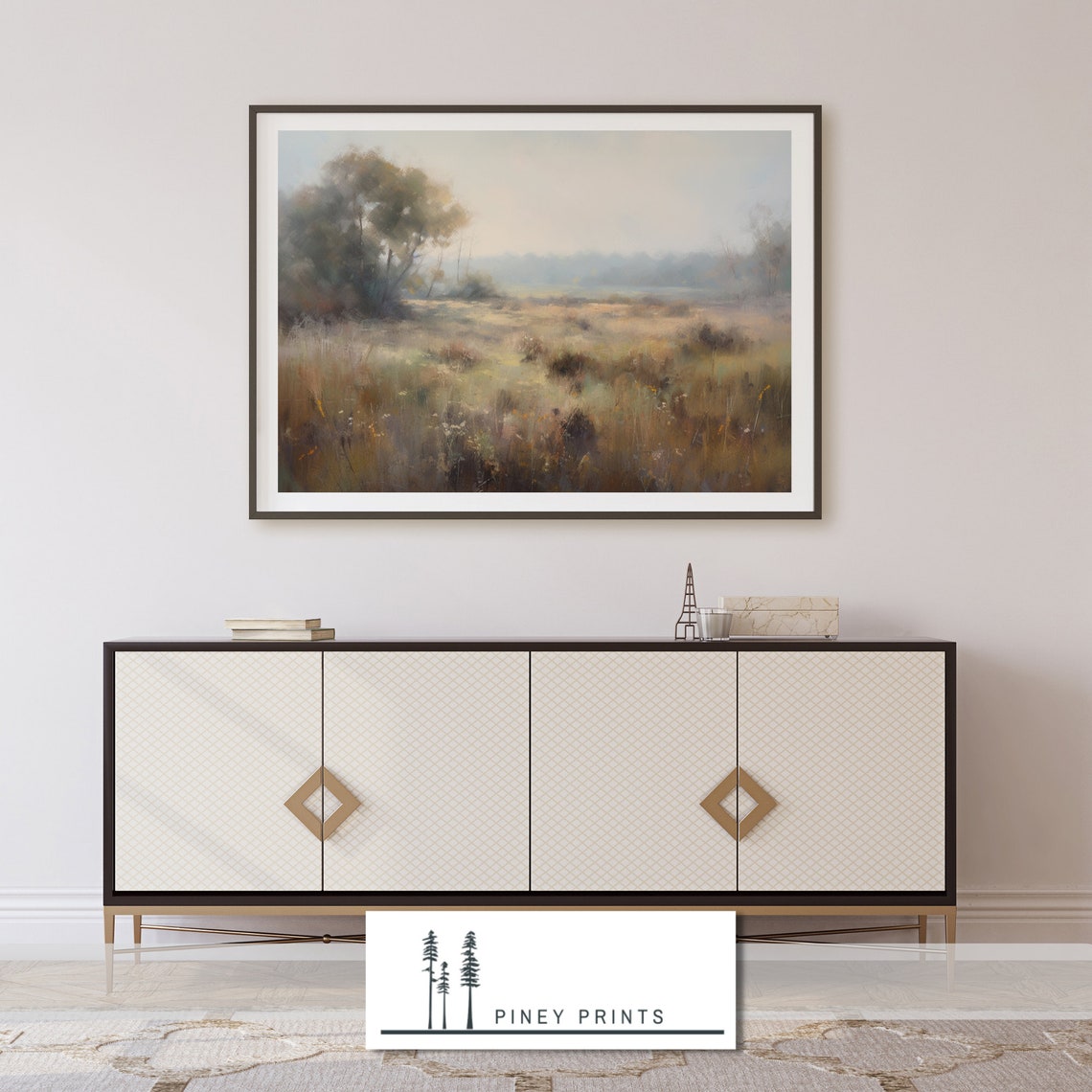 Grassy Meadow With Lone Tree Hazy Sky Impressionist Field Art Poster - Image 3
