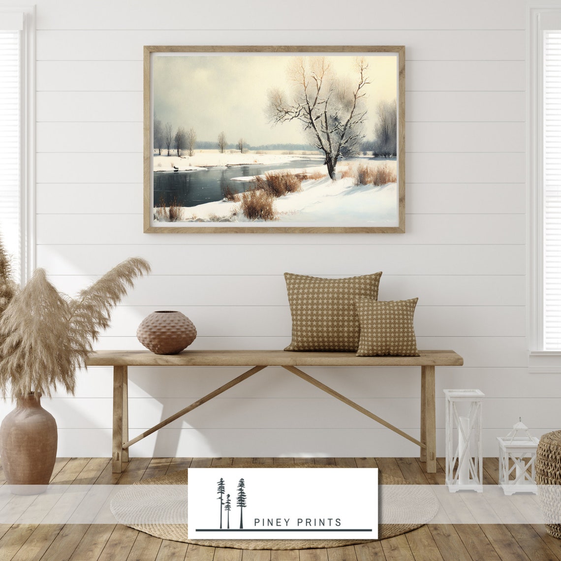 Snowy Winter River Landscape Frozen Stream Bare Trees Art Poster - Image 2