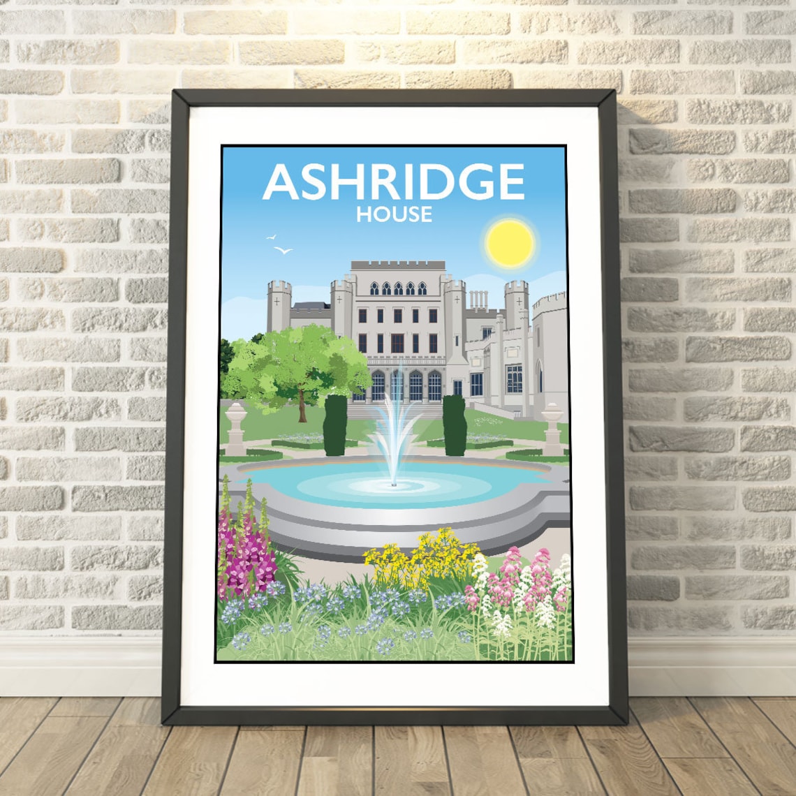 Ashridge House England Vintage Travel Poster Fountain Garden Landmark