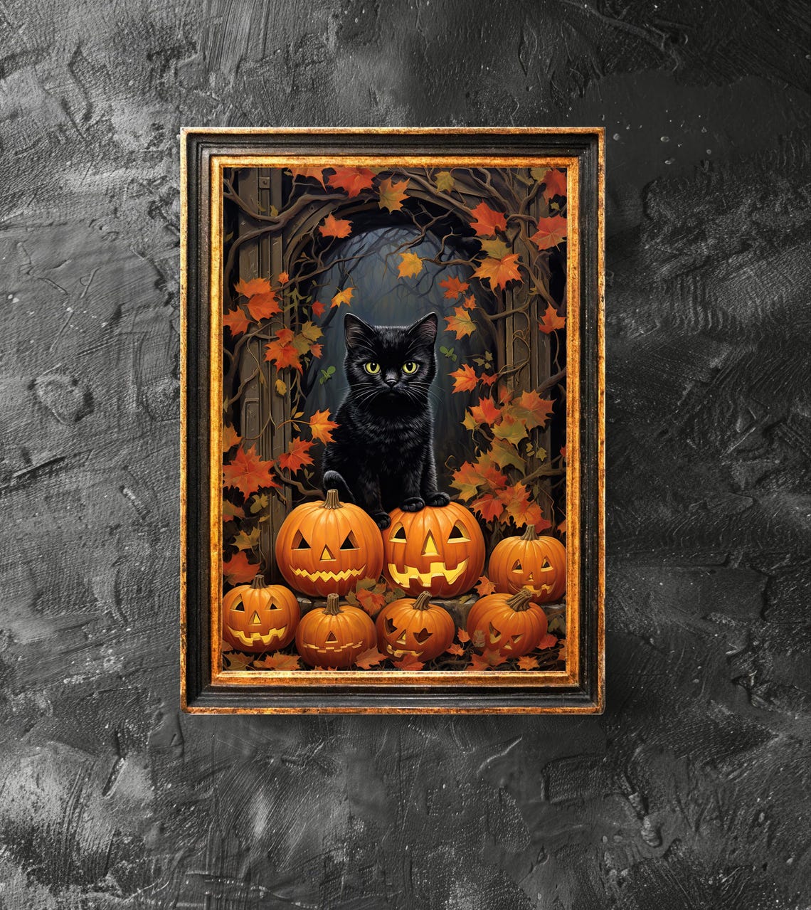Black Cat With Pumpkin In The Doorway Art Lover Gift Vintage Halloween Decor