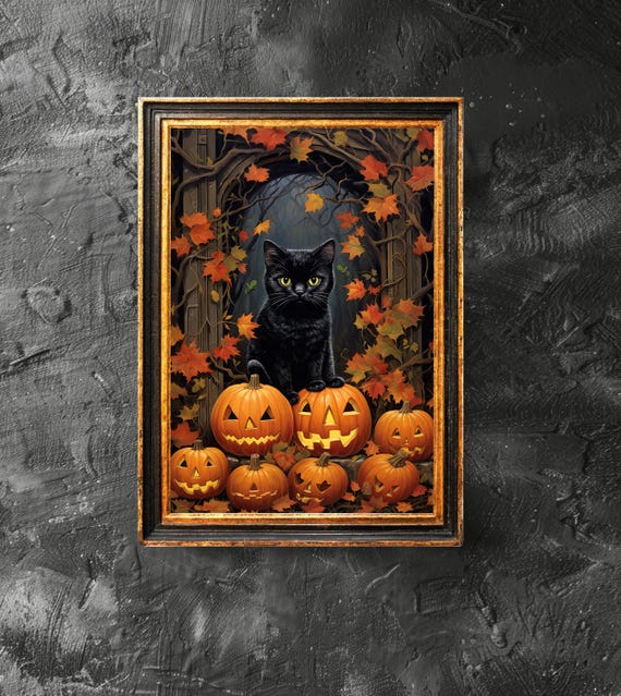 Black Cat With Pumpkin In The Doorway Art Lover Gift Vintage Halloween Decor