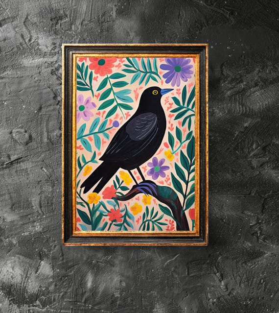 Black Crow With Flowers Art Lover Gift Gothic Victorian Dark Academia Vintage Poster